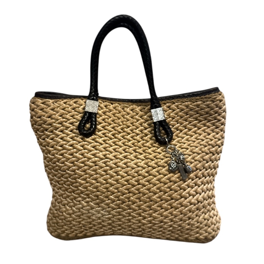 🪆👛 “E” Brighton Stylish Tan and Black Woven Tote Bag